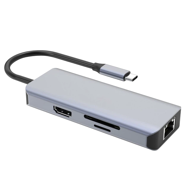 Type-C-Хаб Proove Iron Link 6 in 1 (2*USB3.0 + SD/TF + RJ45 + HDMI) Silver