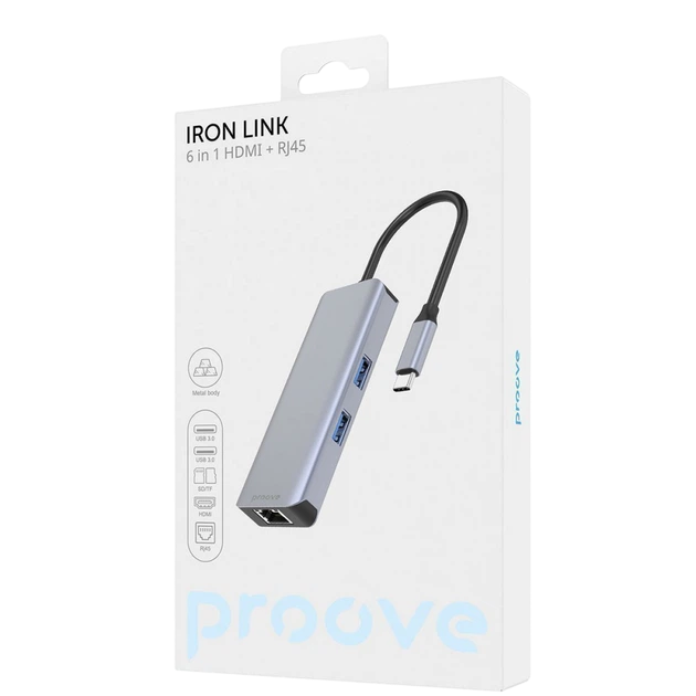 Type-C-Хаб Proove Iron Link 6 in 1 (2*USB3.0 + SD/TF + RJ45 + HDMI) Silver