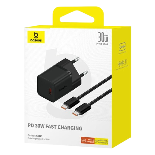 Мережевий зарядний пристрій Baseus GaN5 30W USB-C+кабель USB-C плетений (P10110902113) Black