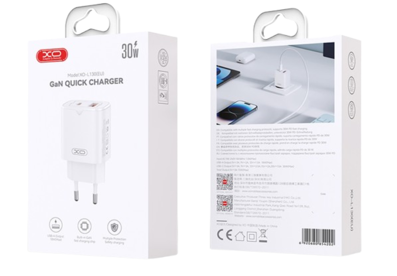 Мережевий зарядний пристрій XO L130 1USB-A+1USB-C 30W White