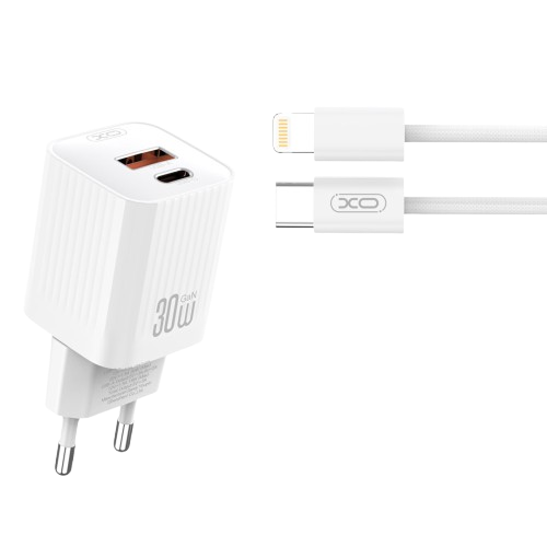 Мережевий зарядний пристрій XO L149 1USB-A+1USB-C 30W + кабель USB-C to Lightning (плетений)