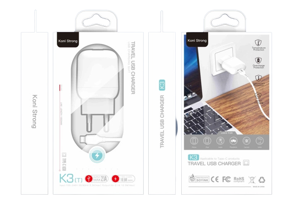 Мережевий зарядний пристрій Koni Strong K3 1USB 2.1A + кабель Type-C White