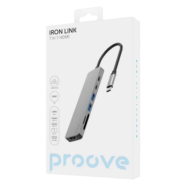 Type-C-Хаб Proove Iron Link 7 in 1 (2*Type-C+2*USB3.0+HDMI+SD/TF) Silver